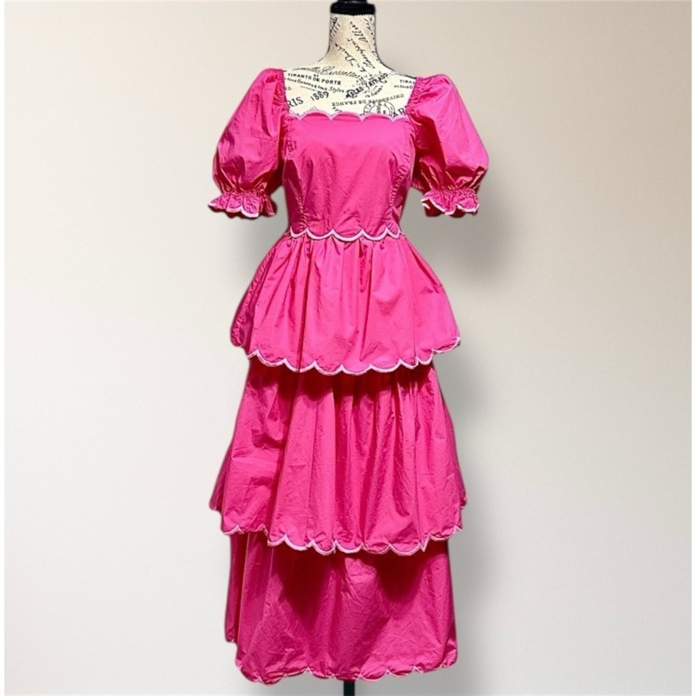 English Factory Anthropologie L Pink Scallop Tiered Maxi Dress Puff Sleeve Boho - Picture 3 of 7